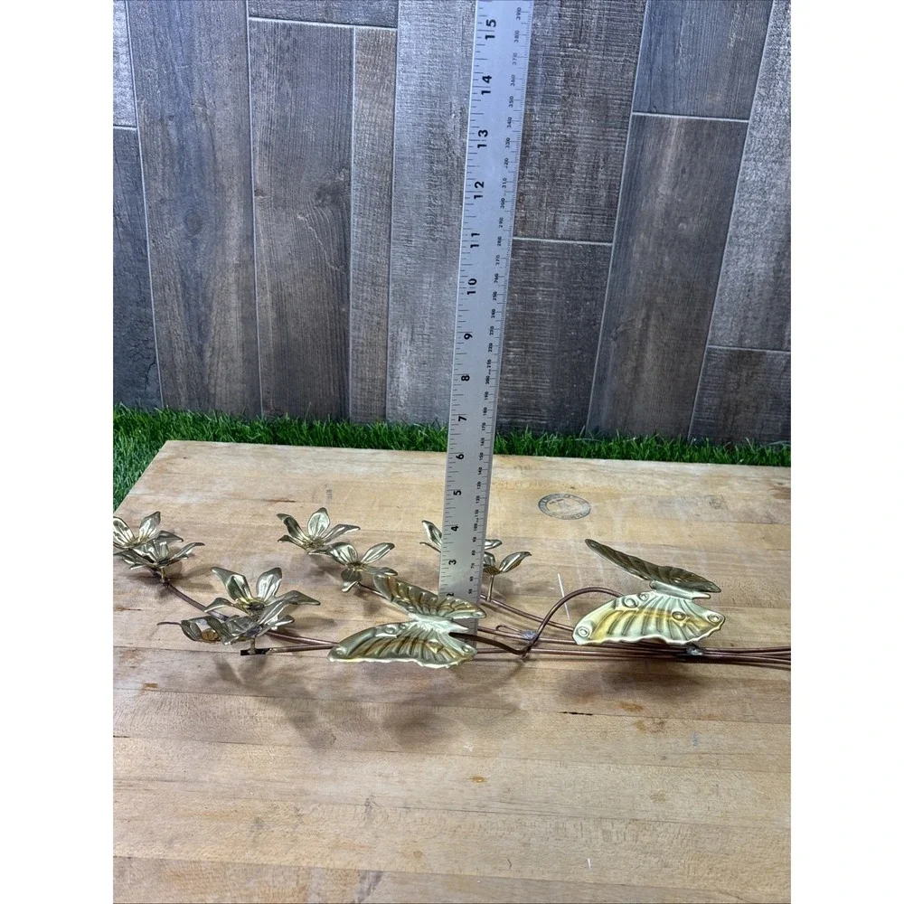 Retro MCM Metal Brass Butterfly Flower Leaves Wall Hanging Art Decor Set Of 2